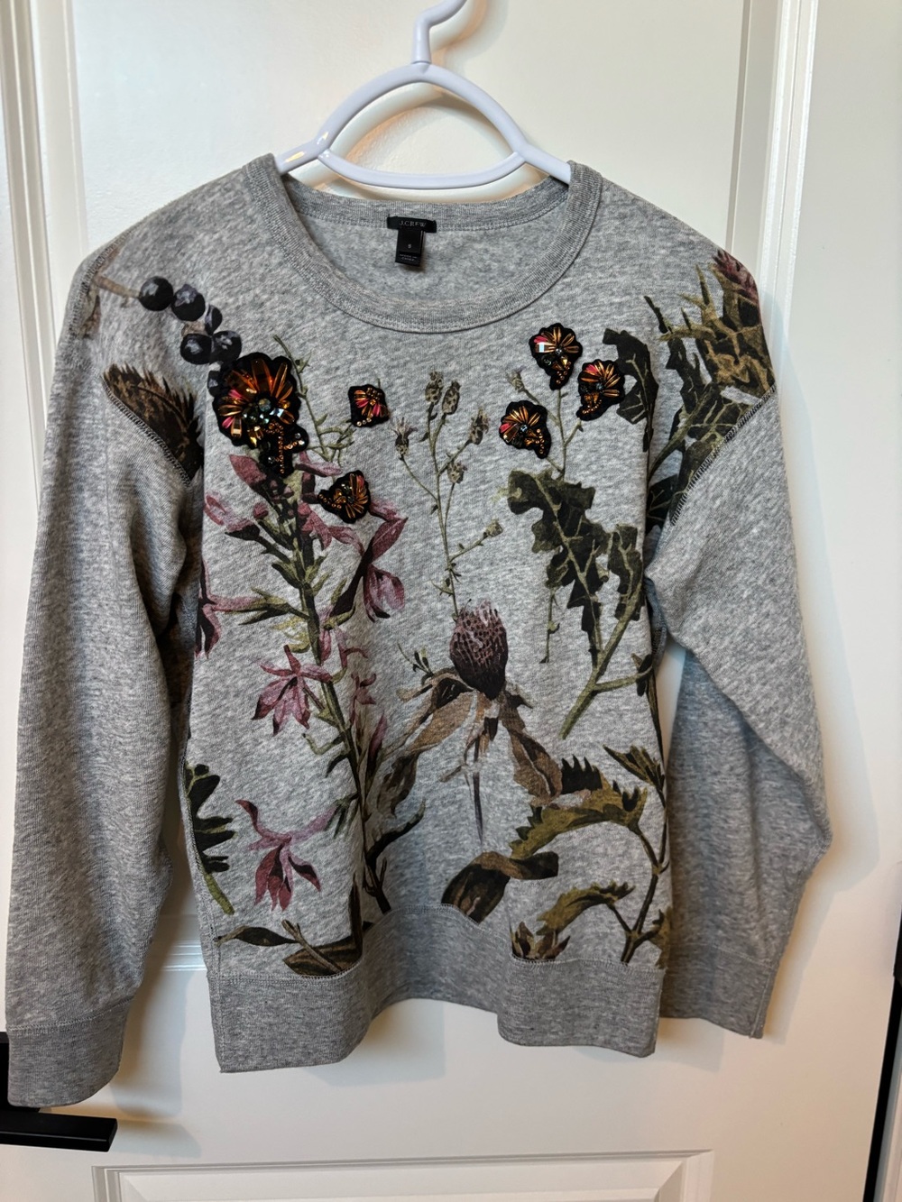 J Crew Gray Floral Print Sweater Gem Embellishing Long Sleeve Size Small